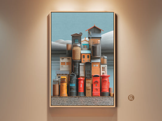Framed eclectic art print showcasing surrealist urban architecture. Red yellow teal hues bring life to post boxes and jars. A unique housewarming gift that adds a quirky touch to any room. Perfect for travel enthusiasts seeking architectural still life artwork.