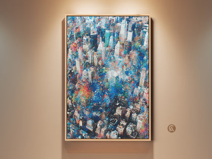 Framed aerial cityscape artwork. This painting captures the energy of the city. The artwork features blues reds and whites. The frame is made of light oak wood. It adds a touch of warmth to the modern piece.