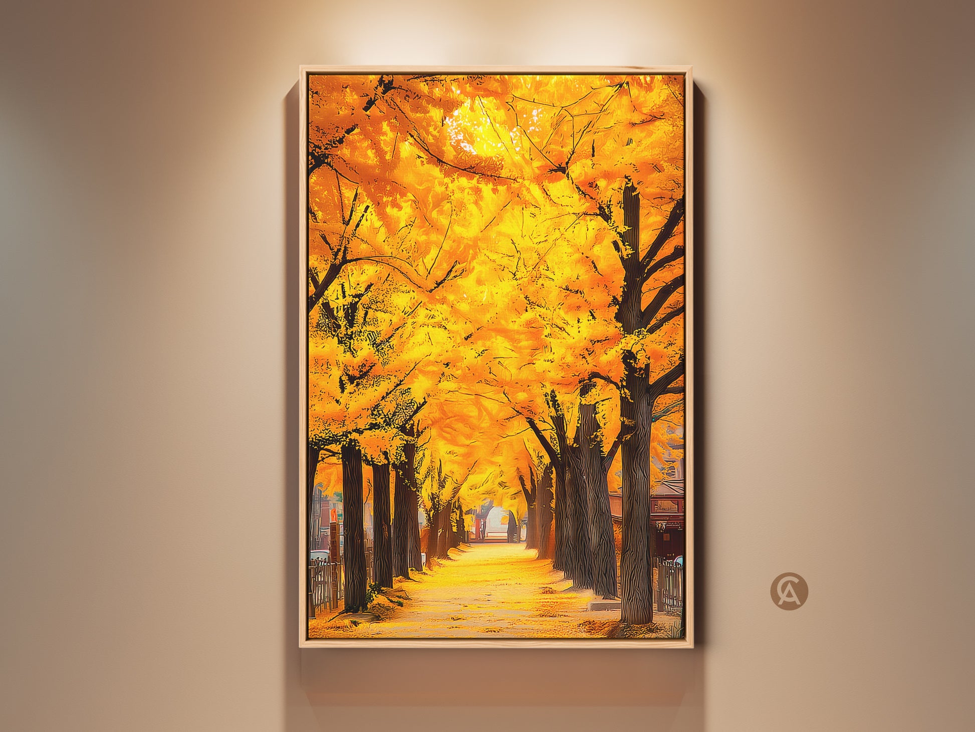 Gingko Trees art displayed in a wooden frame. The yellow leaf trees create a beautiful canopy. This framed art piece is perfect for adding nature to your home decor. Shop now to bring the beauty of the outdoors inside.