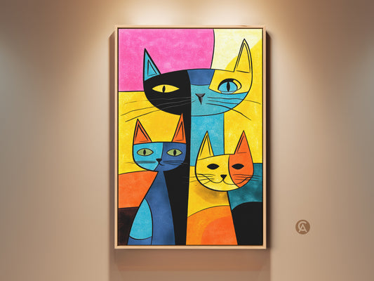 Modern cat family art print on canvas. The artwork features four stylized cats in a vibrant color block pattern. This framed canvas adds a playful touch to any room. Perfect for cat lovers seeking unique wall decor.