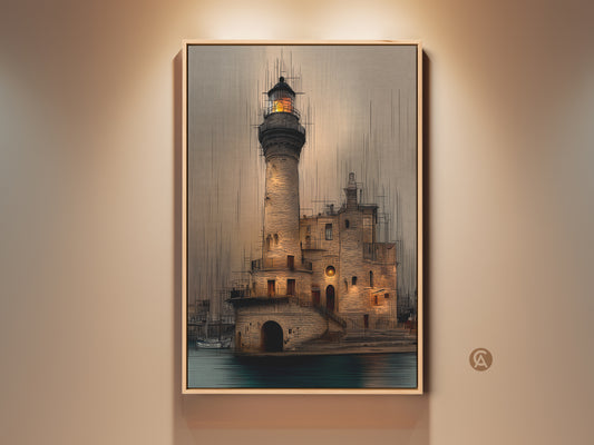 Framed vintage lighthouse sketch art print. The brown and orange tones give it coastal charm. Perfect nautical wall decor for entry halls or living rooms. A timeless artwork for your home. Makes a thoughtful housewarming gift for sailors.
