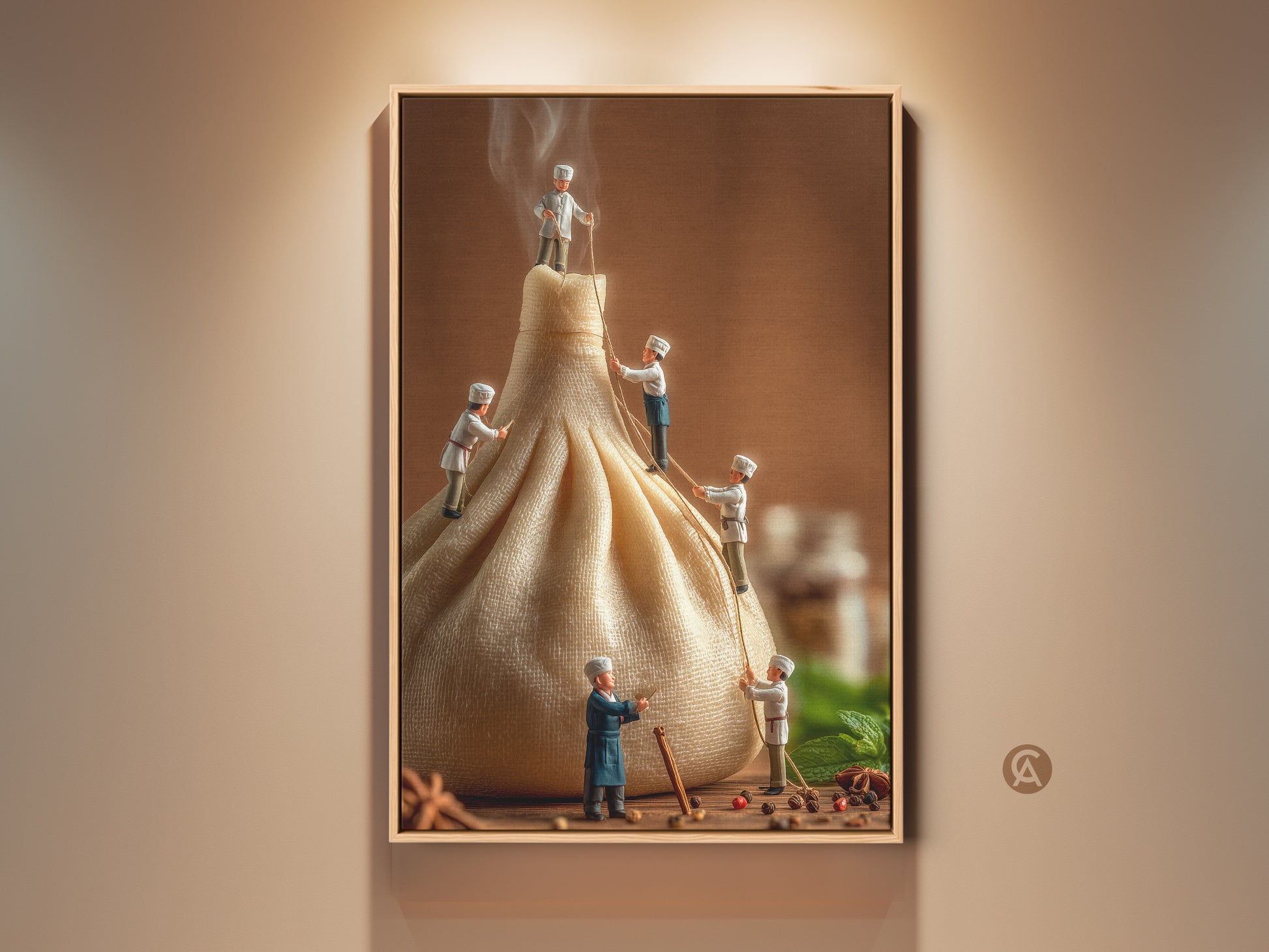 Framed artwork featuring miniature chefs scaling a dumpling. This whimsical art print brings a playful culinary touch to any kitchen or dining room. The brown frame enhances the artwork's warm tones. It is ready to hang and enjoy.
