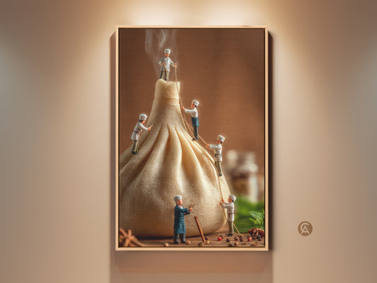 Framed artwork featuring miniature chefs scaling a dumpling. This whimsical art print brings a playful culinary touch to any kitchen or dining room. The brown frame enhances the artwork's warm tones. It is ready to hang and enjoy.