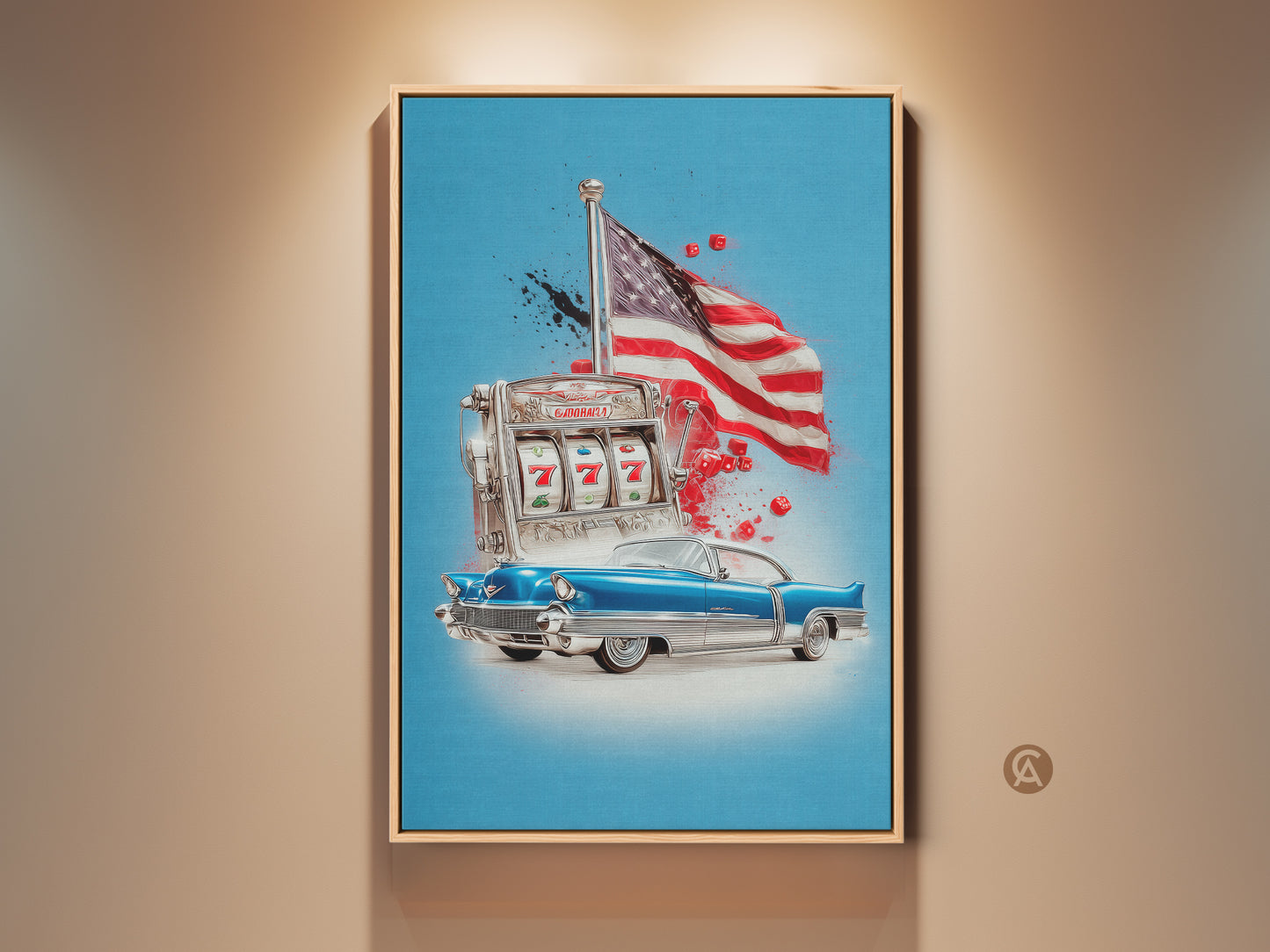This Canvas Print features a striking Retro Pop Art style. It blends a Classic Car a Slot Machine and the American Flag for a dynamic Americana theme. The primary blue and silver palette with red accents makes this wall art a standout piece as office art man cave decor or a gift.