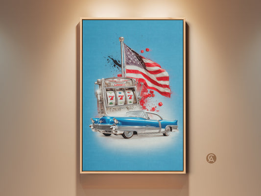 This Canvas Print features a striking Retro Pop Art style. It blends a Classic Car a Slot Machine and the American Flag for a dynamic Americana theme. The primary blue and silver palette with red accents makes this wall art a standout piece as office art man cave decor or a gift.