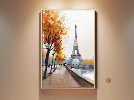 Watercolor Eiffel Tower art stands tall in this Paris cityscape print. The French landscape wall art features warm autumn colors. It's perfect eclectic home decor. A romantic travel gift.