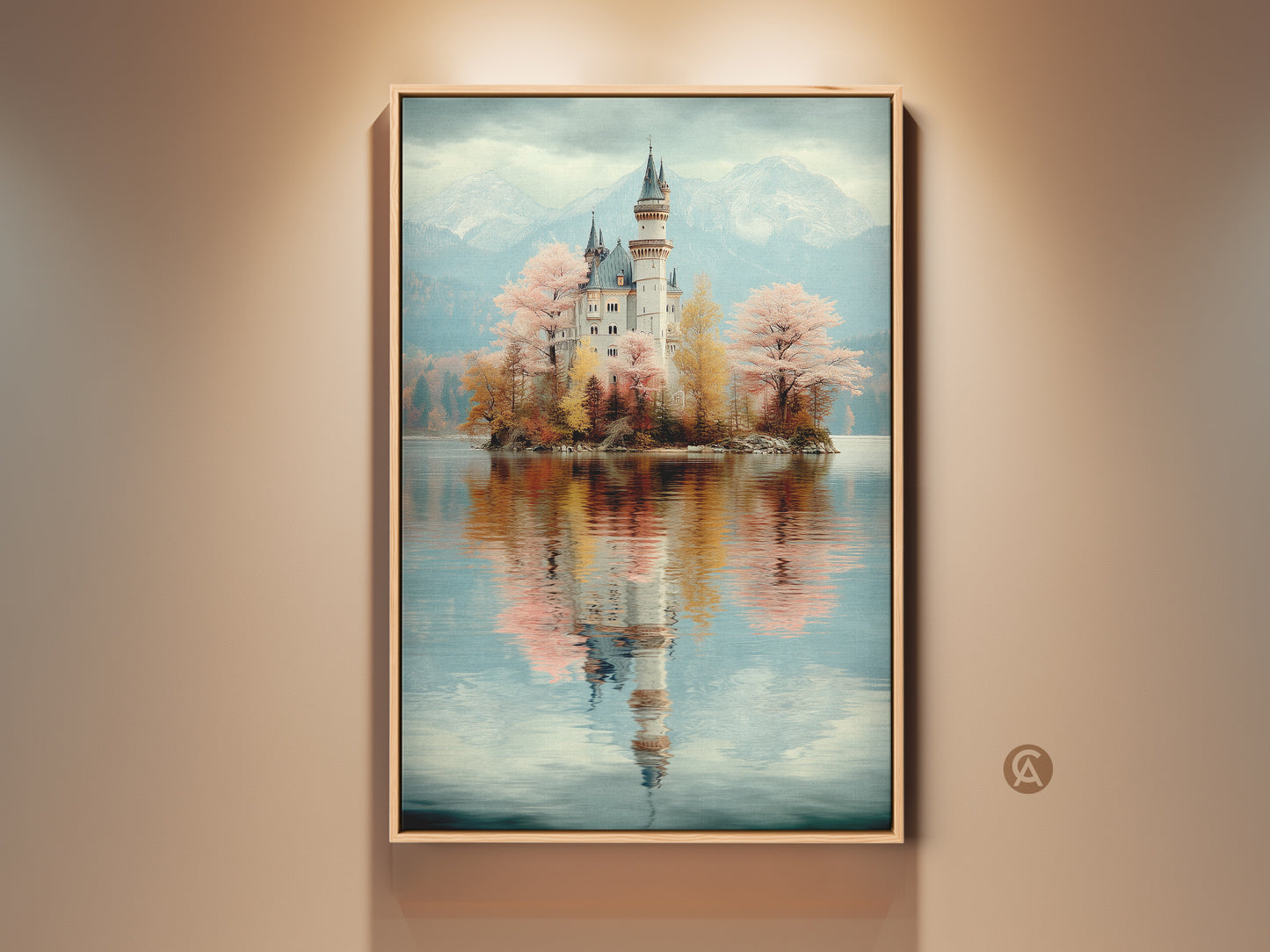 Framed Muted Teal Castle Canvas Print showcased in a room setting. This pastel fantasy landscape art adds dreamy charm. It’s perfect eclectic bedroom decor. The artwork features a serene lake view reflecting the castle.