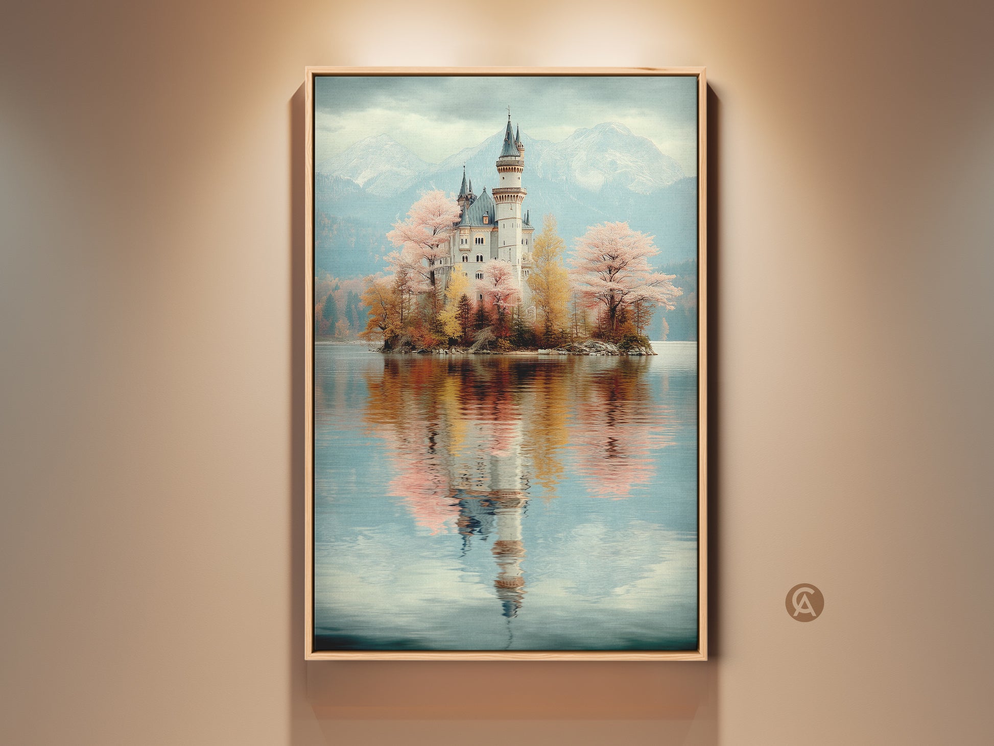 Framed Muted Teal Castle Canvas Print showcased in a room setting. This pastel fantasy landscape art adds dreamy charm. It’s perfect eclectic bedroom decor. The artwork features a serene lake view reflecting the castle.