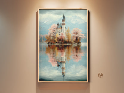Framed Muted Teal Castle Canvas Print showcased in a room setting. This pastel fantasy landscape art adds dreamy charm. It’s perfect eclectic bedroom decor. The artwork features a serene lake view reflecting the castle.