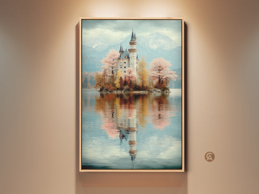 Framed Muted Teal Castle Canvas Print showcased in a room setting. This pastel fantasy landscape art adds dreamy charm. It’s perfect eclectic bedroom decor. The artwork features a serene lake view reflecting the castle.