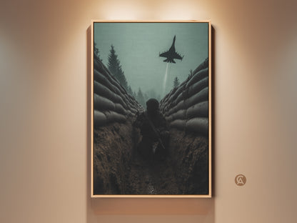Industrial military canvas artwork. A soldier is in a trench. A fighter jet flies overhead. This dark teal canvas print is great for an office study or man cave. The misty green tones create a cinematic battle scene. A perfect gift for military enthusiasts.