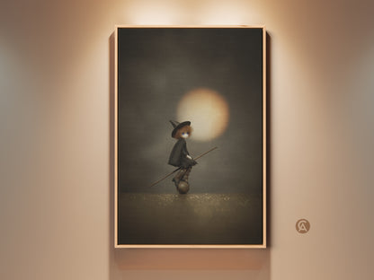 Sepia Orange Gothic Witch Doll Art Print. This Halloween wall decor features a witch doll on a broomstick. The dark academia aesthetic makes it a unique Halloween lover gift art. It's perfect as a spooky doll wall hanging.