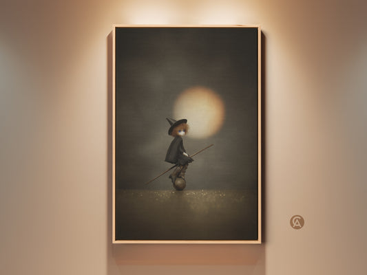 Sepia Orange Gothic Witch Doll Art Print. This Halloween wall decor features a witch doll on a broomstick. The dark academia aesthetic makes it a unique Halloween lover gift art. It's perfect as a spooky doll wall hanging.