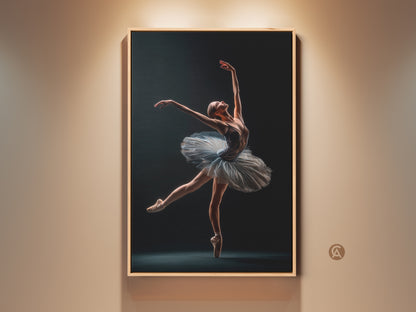 Framed ballerina art print. Graceful ballerina in mid-pose is featured. The artwork is displayed in a warm-toned frame. It adds elegance to any room. Perfect for dance lovers.