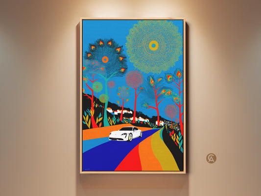 Framed abstract folk art print showcases a white sports car driving down a road. Blue and orange colors add vibrancy. The artwork is wall decor ready for an entry hall or office. It would be a great gift for car enthusiasts.