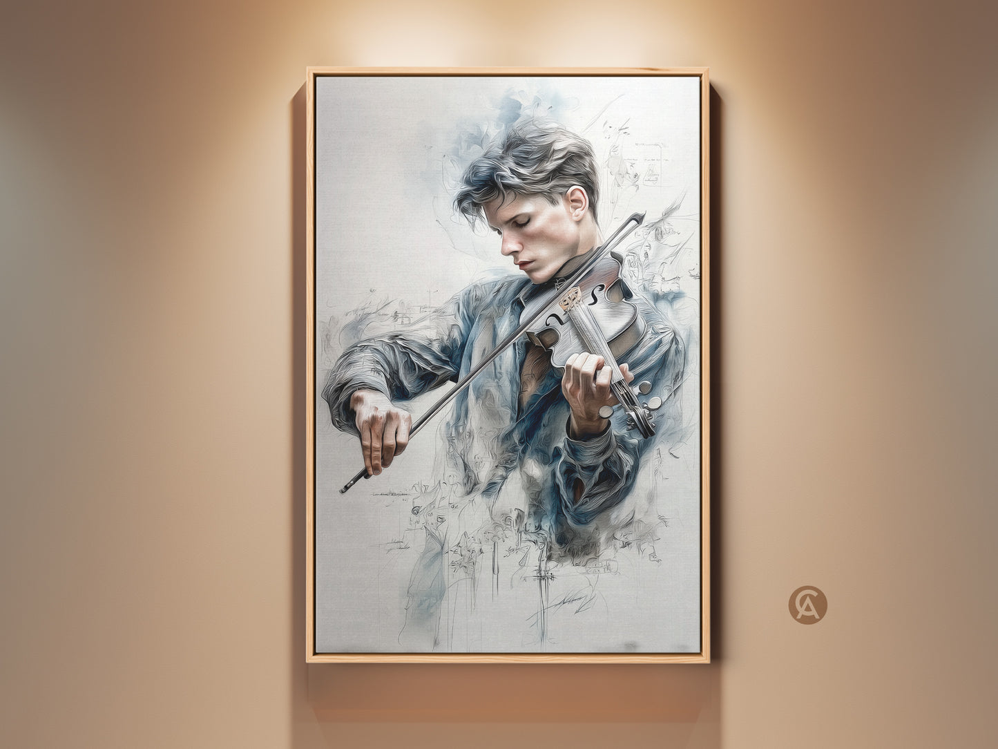 Framed artwork of a young man playing the violin. The art features a blend of realism and abstract elements. Musical notes float ethereally around the musician creating a harmonious visual experience. A great addition to any music lover's art collection.