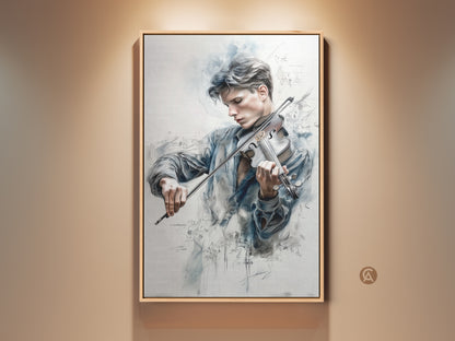 Framed artwork of a young man playing the violin. The art features a blend of realism and abstract elements. Musical notes float ethereally around the musician creating a harmonious visual experience. A great addition to any music lover's art collection.