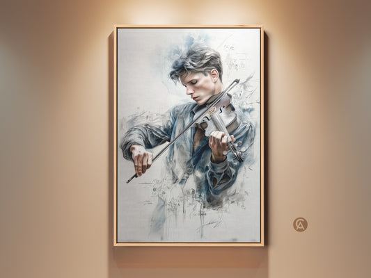 Framed artwork of a young man playing the violin. The art features a blend of realism and abstract elements. Musical notes float ethereally around the musician creating a harmonious visual experience. A great addition to any music lover's art collection.