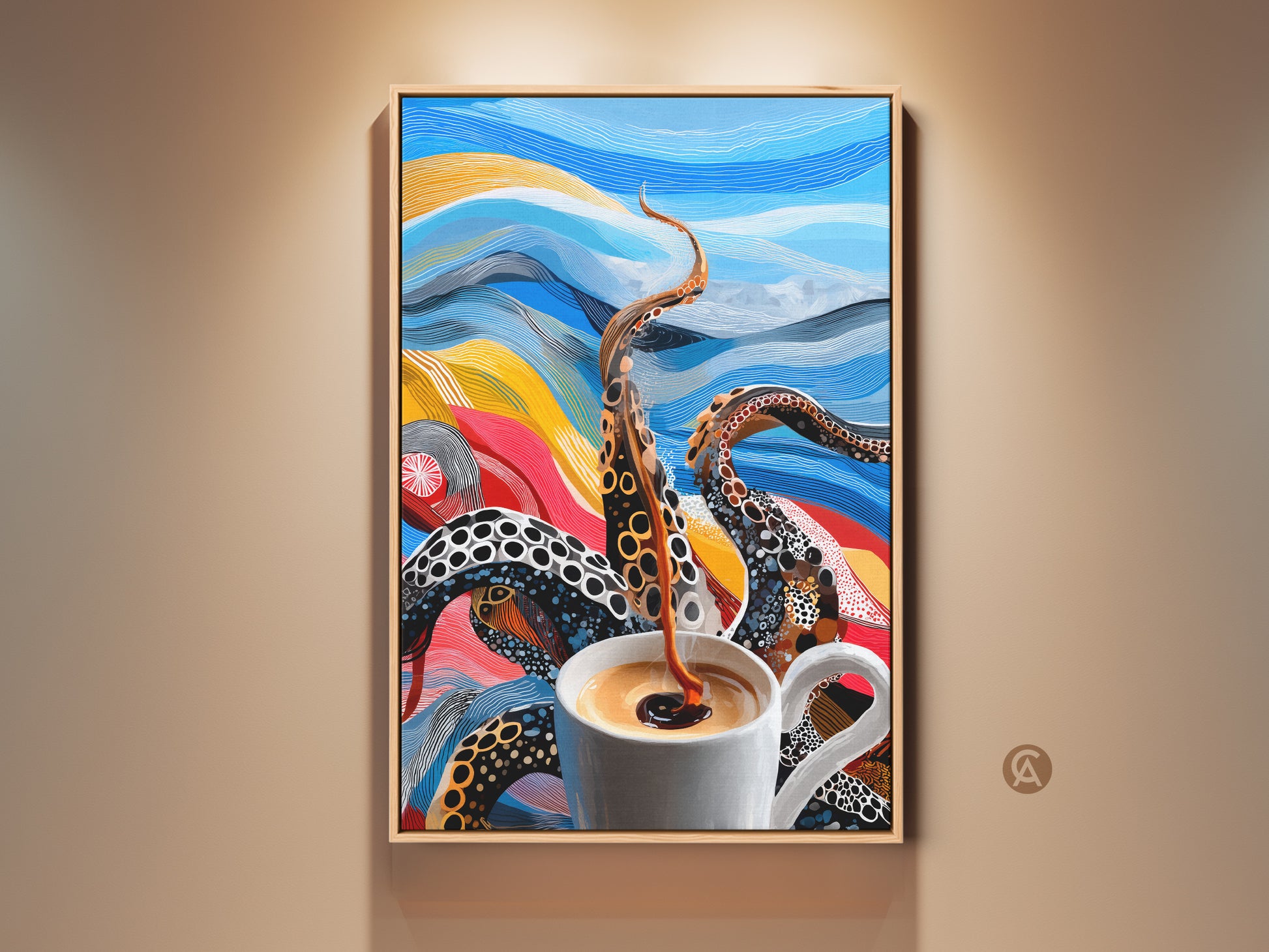 Surreal octopus coffee cup canvas art. A tentacle pours coffee into a white mug. This kitchen art features a blue yellow and red abstract background. It's a bold eclectic home decor print.