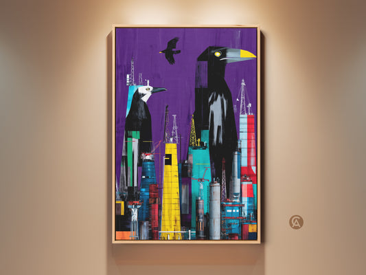 Surreal industrial birds artwork on canvas features purple yellow and teal hues. This eclectic cityscape wall art brings a modern touch. Perfect office and bird lover gift.