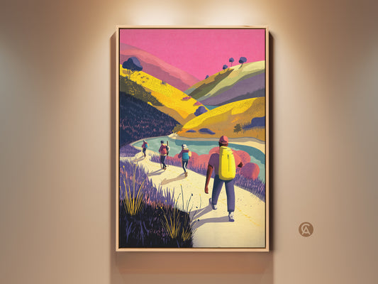 A framed canvas print of a mountain landscape featuring hikers. The contemporary artwork uses pink yellow and green hues. This adventure travel nature artwork adds a touch of wanderlust to any room. Perfect as colorful wall decor for living room bedroom or home office. It's an ideal gift for outdoor enthusiasts.