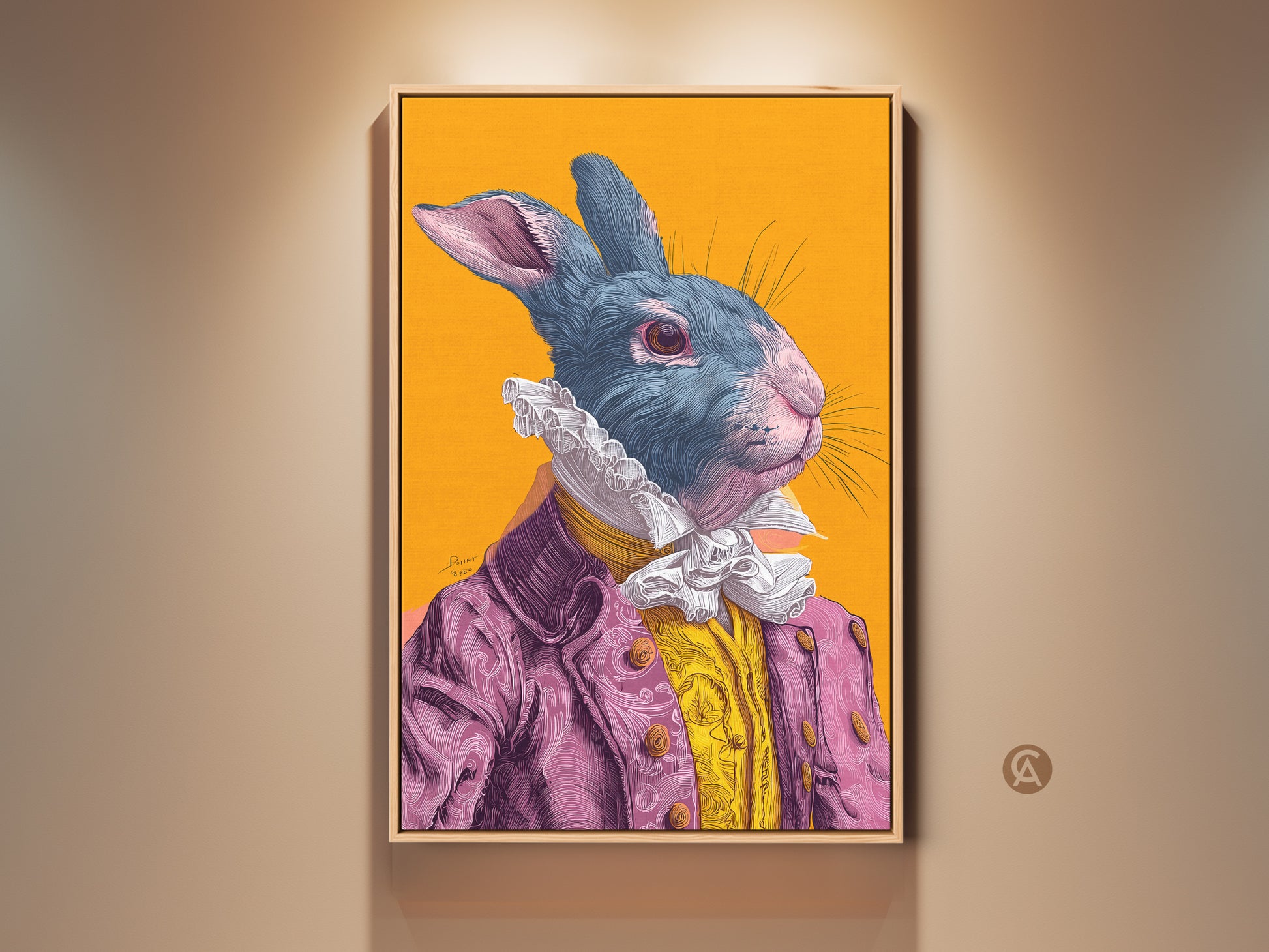 Framed rabbit artwork portrait. The rabbit wears a pink suit with a yellow shirt. The artwork has a yellow background. It is framed in a light wood frame. Perfect wall art for animal lovers.