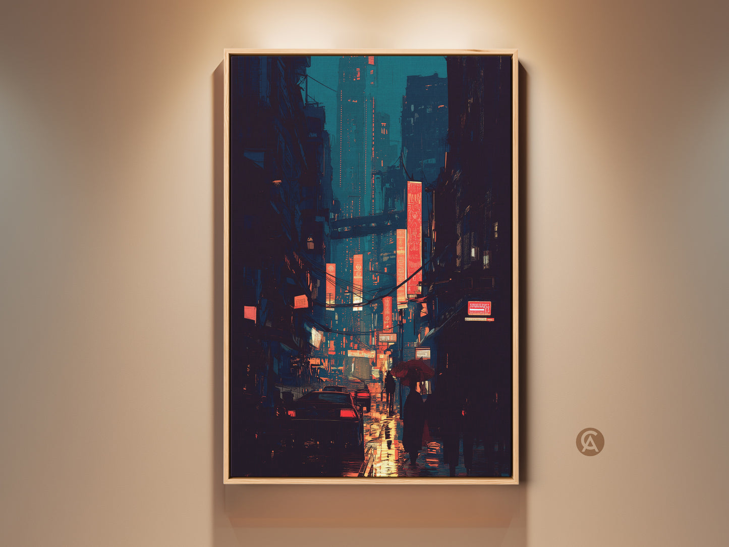 Teal and Orange Cyberpunk Cityscape art print in a wooden frame. Glowing neon signs illuminate a rainy street scene. This digital artwork brings a futuristic vibe perfect for modern office decor. A unique housewarming gift for anime and cityscape art lovers.