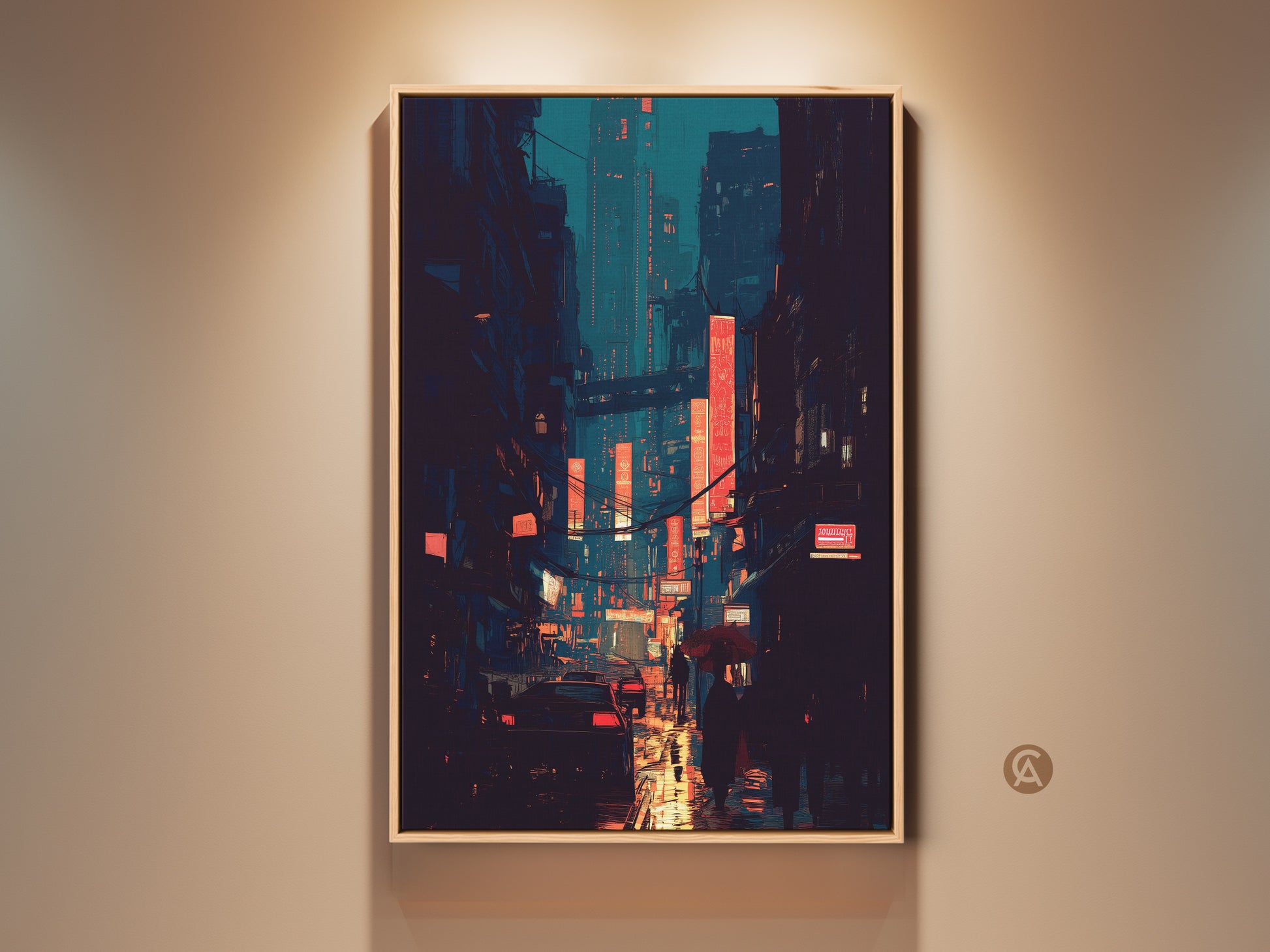 Teal and Orange Cyberpunk Cityscape art print in a wooden frame. Glowing neon signs illuminate a rainy street scene. This digital artwork brings a futuristic vibe perfect for modern office decor. A unique housewarming gift for anime and cityscape art lovers.