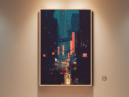 Teal and Orange Cyberpunk Cityscape art print in a wooden frame. Glowing neon signs illuminate a rainy street scene. This digital artwork brings a futuristic vibe perfect for modern office decor. A unique housewarming gift for anime and cityscape art lovers.
