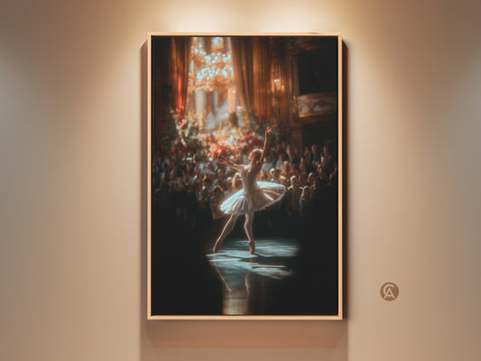 Experience the grace of ballet with this stunning artwork. A ballerina in a white tutu strikes a pose on stage. The backdrop features an ornate theater filled with an audience. This fine art piece captures a magical performance moment.