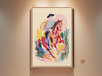 Eclectic cowboy riding horse canvas art in a room setting. This western rodeo wall decor features an expressionism print with red yellow and pink accents. A unique gift for horse lovers.