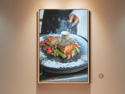 Photorealistic Filet Mignon Canvas Art. This gourmet steak print adds a contemporary touch to any dining room. The rich red brown and green tones create an appetizing display. Perfect foodie gift for upscale restaurant or kitchen decor.