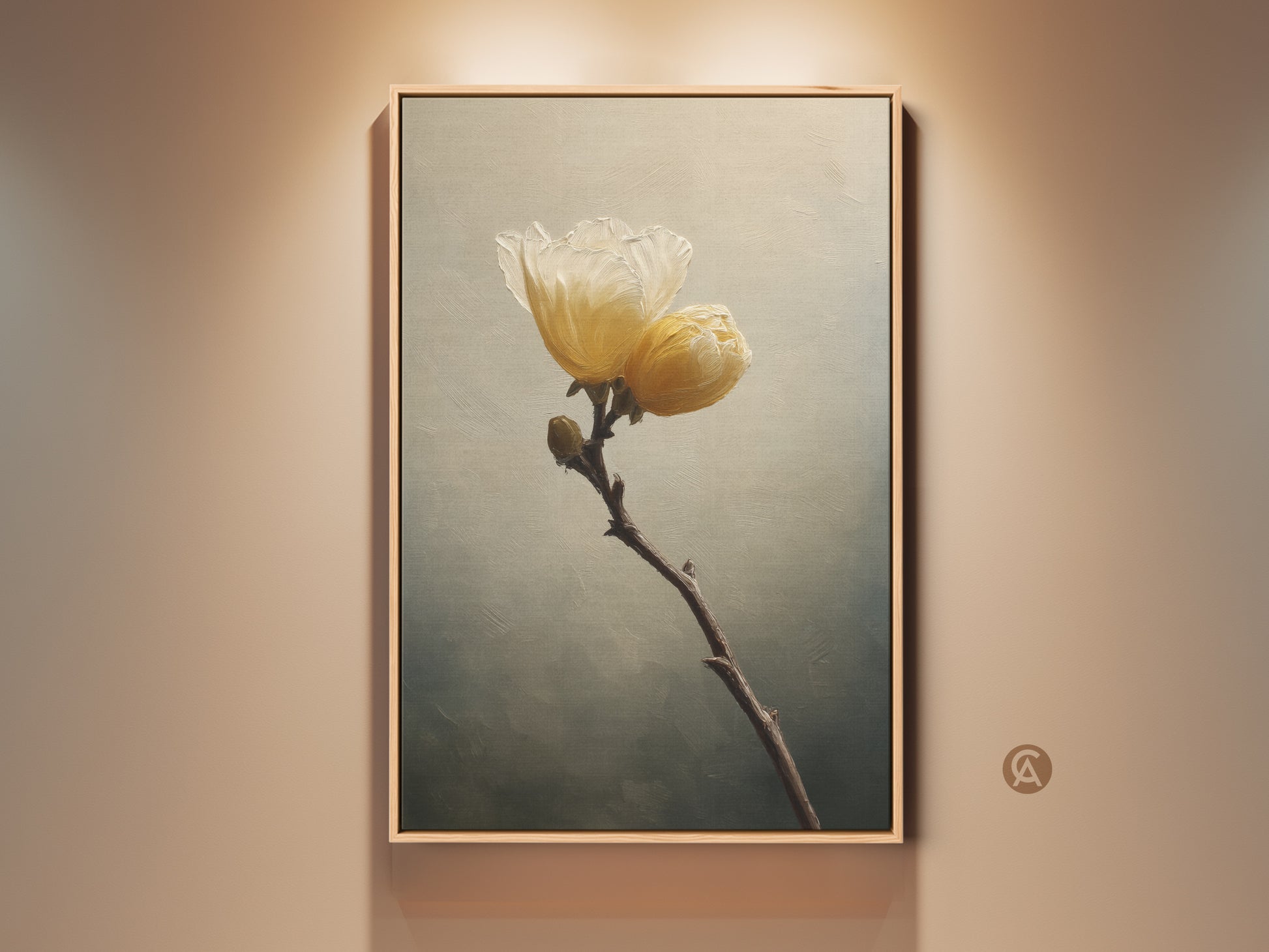 Framed cream yellow flower canvas print. Impressionist botanical artwork adds a touch of nature to a modern farmhouse or bedroom. The soft yellow floral art is a perfect housewarming gift.