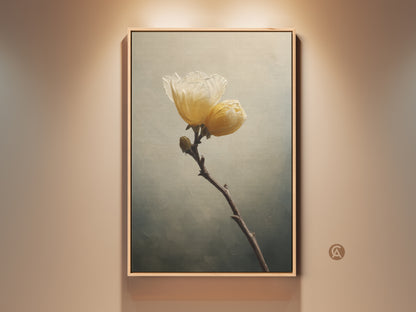 Framed cream yellow flower canvas print. Impressionist botanical artwork adds a touch of nature to a modern farmhouse or bedroom. The soft yellow floral art is a perfect housewarming gift.