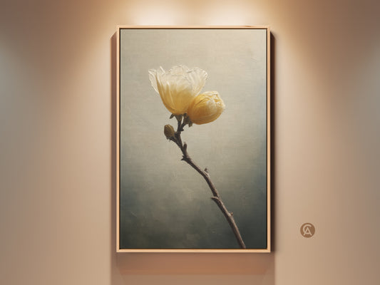 Framed cream yellow flower canvas print. Impressionist botanical artwork adds a touch of nature to a modern farmhouse or bedroom. The soft yellow floral art is a perfect housewarming gift.