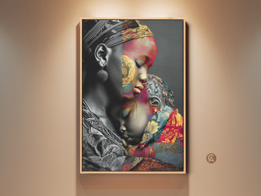 Experience the warmth of 'Mother and Child' wall art. This african patterned canvas print showcases abstract expressionist art. The contemporary wall decor features gold red and teal colors. It is perfect for eclectic home interiors. A unique gift for mom. Find family love art prints for bedroom or living room wall decor.