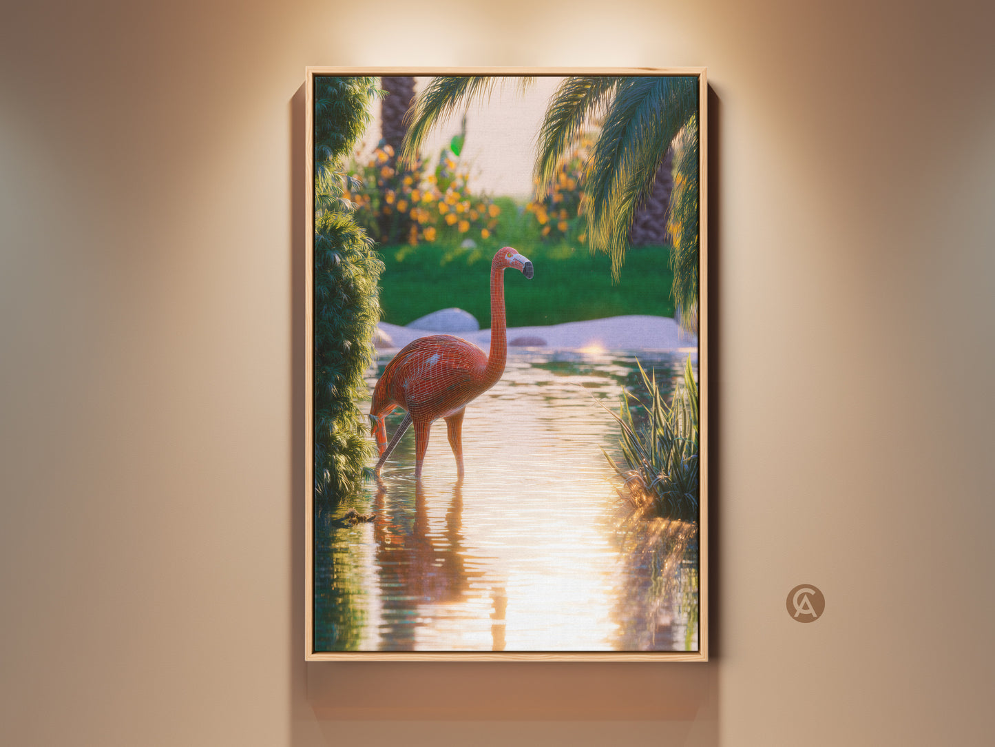 This tropical flamingo canvas print brings boho charm to any room. See the vibrant coral orange green artwork perfect for a bedroom. The nature-inspired piece features a surreal flamingo in a lush palm tree scene. A unique housewarming gift idea for animal lovers. This exotic bird artwork adds a touch of nature to your home.
