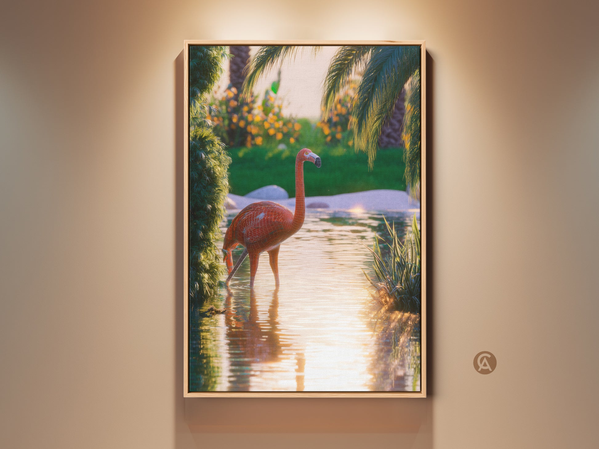 This tropical flamingo canvas print brings boho charm to any room. See the vibrant coral orange green artwork perfect for a bedroom. The nature-inspired piece features a surreal flamingo in a lush palm tree scene. A unique housewarming gift idea for animal lovers. This exotic bird artwork adds a touch of nature to your home.