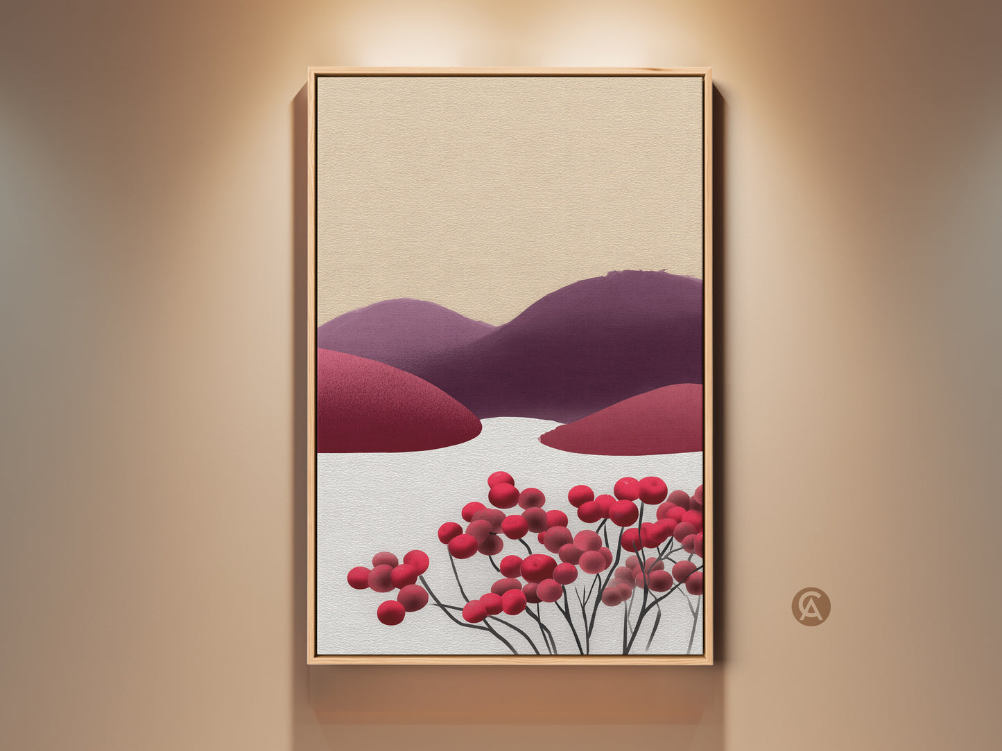 Framed Scandinavian folk art. This abstract berry hills landscape artwork features minimalist red purple and beige tones. Perfect wall art for adding a touch of nature to your home decor.
