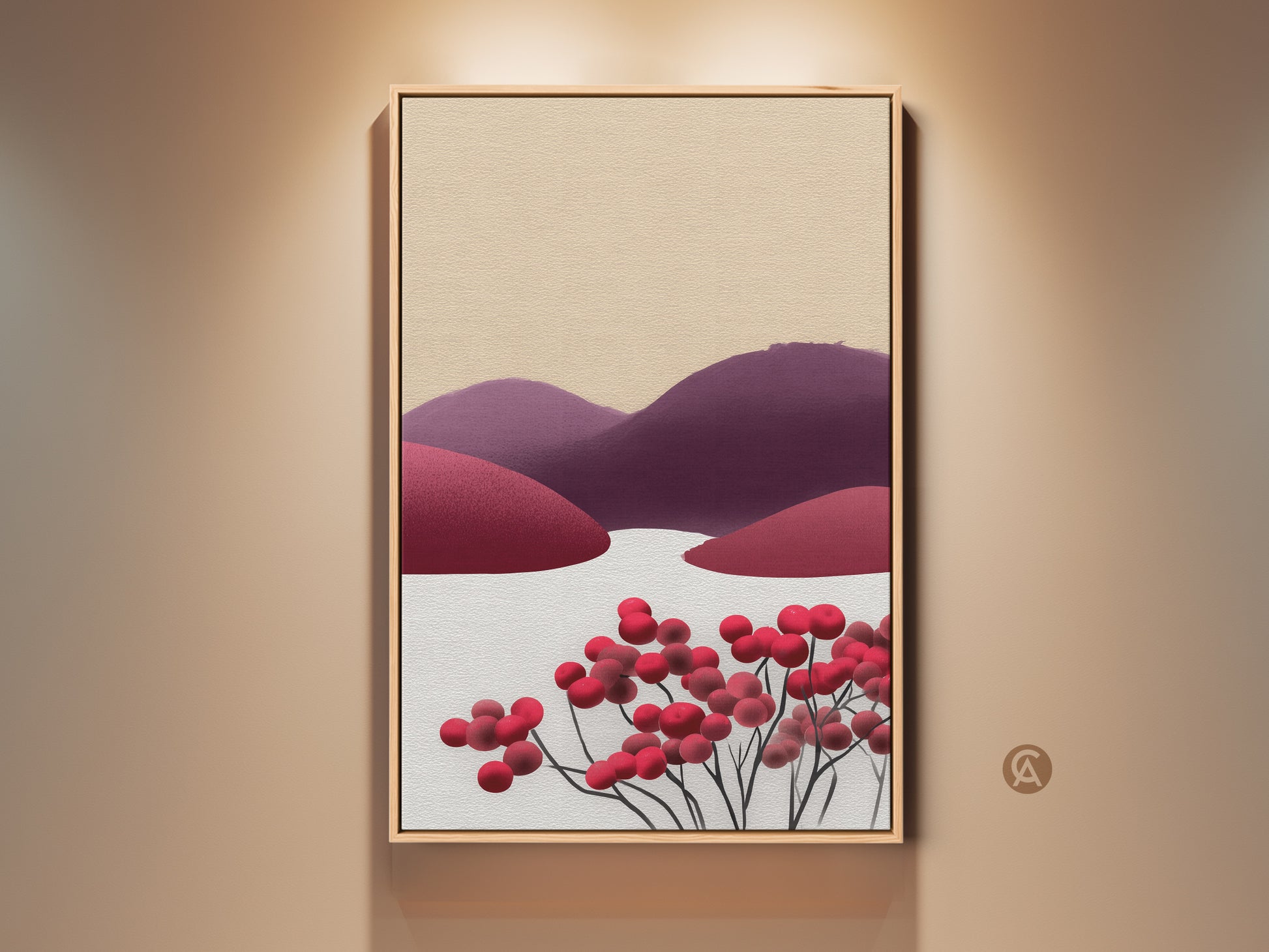 Framed Scandinavian folk art. This abstract berry hills landscape artwork features minimalist red purple and beige tones. Perfect wall art for adding a touch of nature to your home decor.