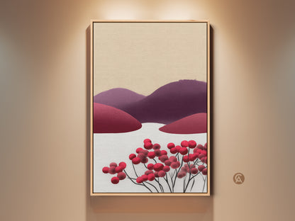 Framed Scandinavian folk art. This abstract berry hills landscape artwork features minimalist red purple and beige tones. Perfect wall art for adding a touch of nature to your home decor.