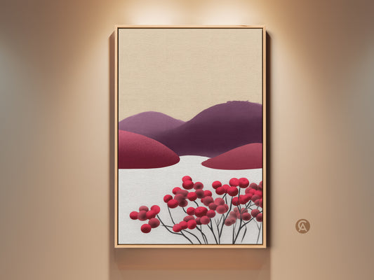 Framed Scandinavian folk art. This abstract berry hills landscape artwork features minimalist red purple and beige tones. Perfect wall art for adding a touch of nature to your home decor.