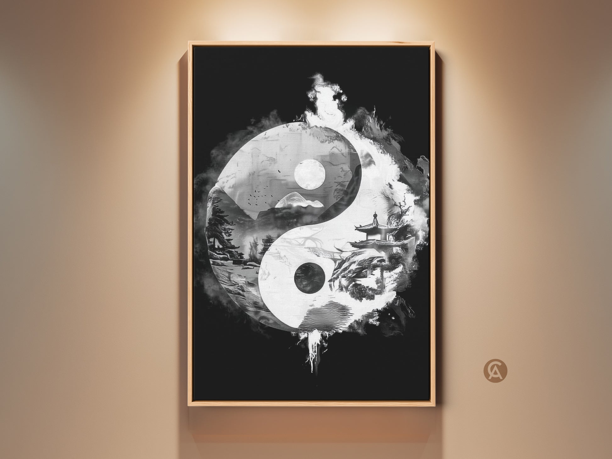 Framed Yin Yang canvas art print is on display. This monochrome pagoda landscape art makes a great meditation & mindfulness gift. Perfect study or office wall decor for zen balance.