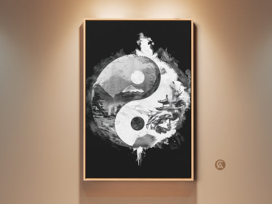 Framed Yin Yang canvas art print is on display. This monochrome pagoda landscape art makes a great meditation & mindfulness gift. Perfect study or office wall decor for zen balance.