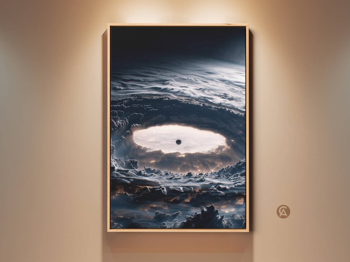 Framed abstract space canvas art. This deep navy nebula print brings sci-fi cosmos to your office decor. A perfect gift for stargazers. The contemporary artwork adds a celestial touch to any room.