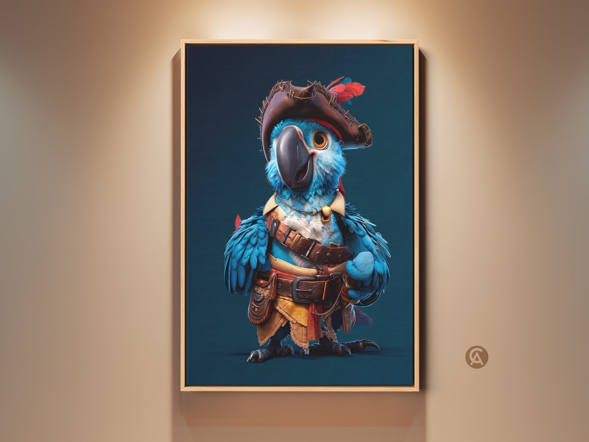 Framed cartoon pirate parrot art print for kids room. A blue macaw wears a pirate hat in this fantasy animal artwork. The fun birthday gift is ideal for eclectic kids room decor.
