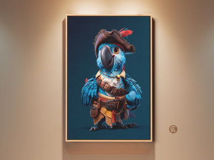 Framed cartoon pirate parrot art print for kids room. A blue macaw wears a pirate hat in this fantasy animal artwork. The fun birthday gift is ideal for eclectic kids room decor.