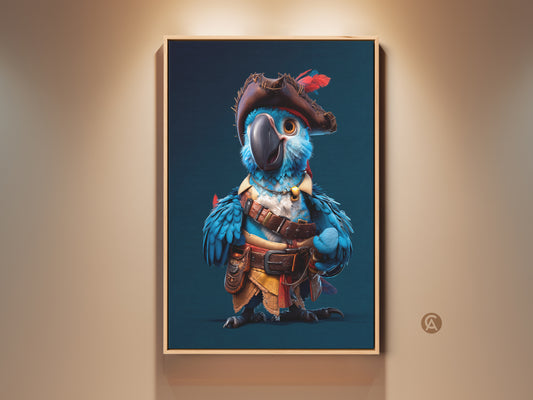 Framed cartoon pirate parrot art print for kids room. A blue macaw wears a pirate hat in this fantasy animal artwork. The fun birthday gift is ideal for eclectic kids room decor.