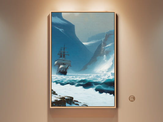 A framed canvas print of a tall ship sailing icy arctic waters. This nautical artwork brings traditional romanticism to any room. A perfect coastal adventure for your wall art.