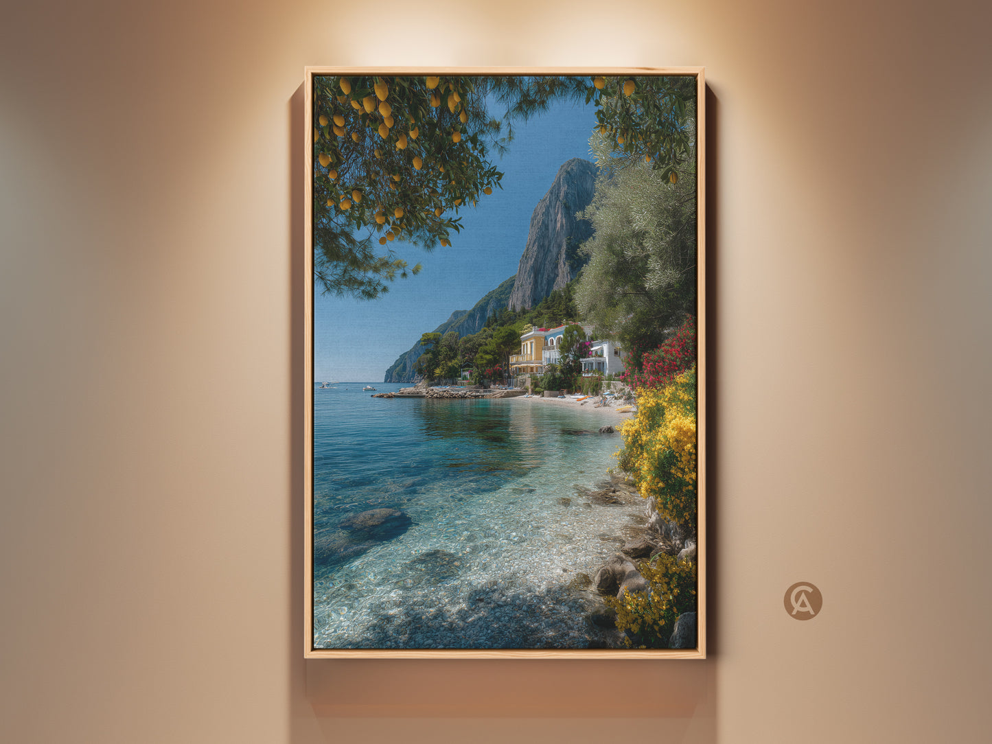 Framed Mediterranean landscape artwork featuring a lemon tree and coastal villa. This scenic art print captures the essence of a summer getaway. The yellow and green hues bring coastal paradise to your home. Perfect for travel lovers seeking realistic landscape art and Mediterranean home decor.